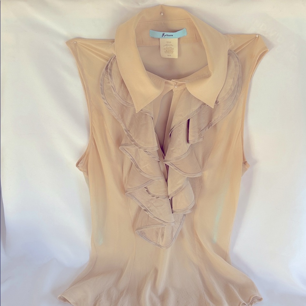 Marciano Gently Worn Beautiful Elegant Beige Ruffled Sleeveless Top -Medium - Picture 3 of 9